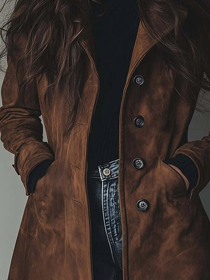 Abrigo Trench de Suede Elegante para Mujeres con Solapa Notch, Mangas Largas y Estilo Fluido