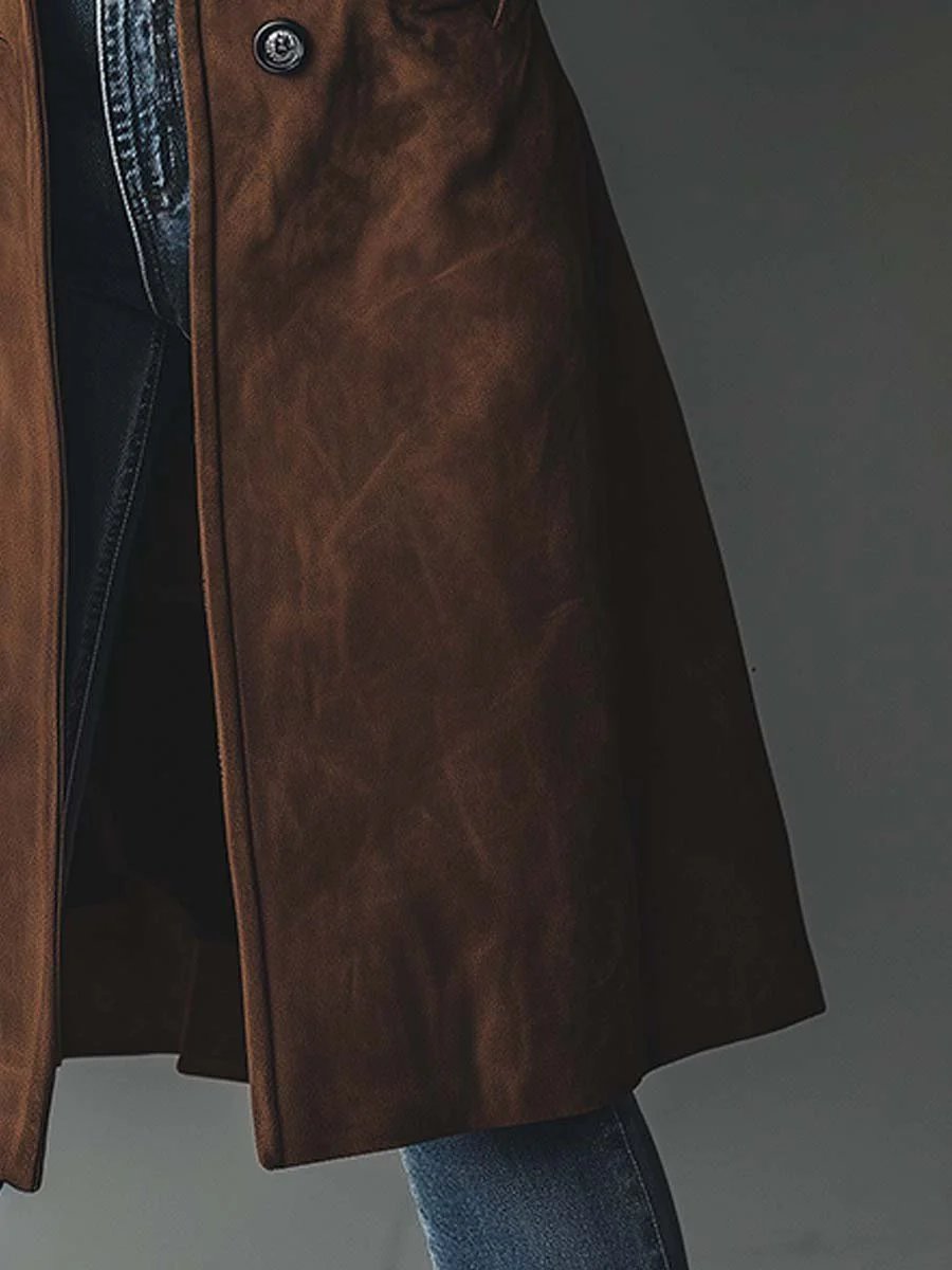 Abrigo Trench de Suede Elegante para Mujeres con Solapa Notch, Mangas Largas y Estilo Fluido