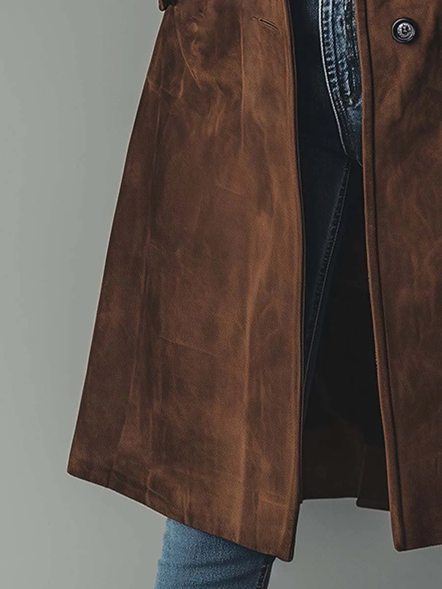 Abrigo Trench de Suede Elegante para Mujeres con Solapa Notch, Mangas Largas y Estilo Fluido