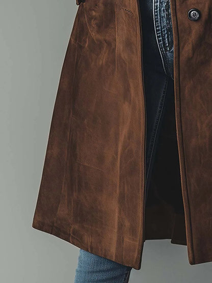Abrigo Trench de Suede Elegante para Mujeres con Solapa Notch, Mangas Largas y Estilo Fluido