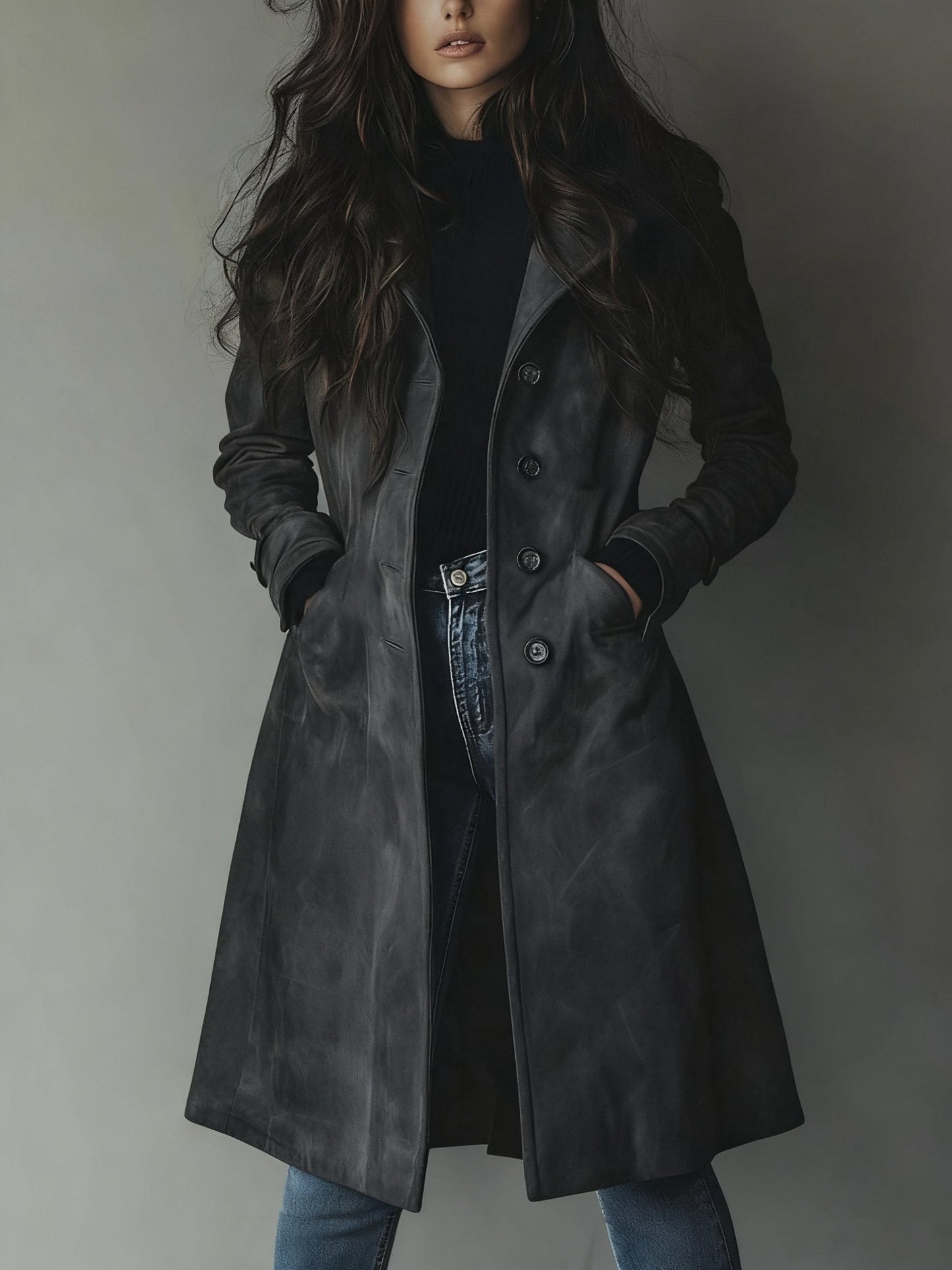 Abrigo Trench de Suede Elegante para Mujeres con Solapa Notch, Mangas Largas y Estilo Fluido