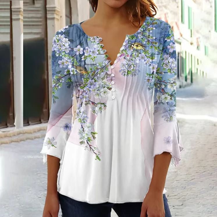 Amelia | Blusa Henley de Manga Larga Floral para Mujer con Corte Relajado