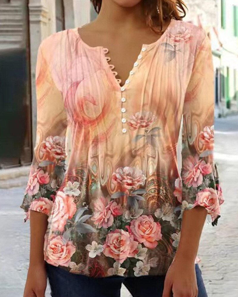 Amelia | Blusa Henley de Manga Larga Floral para Mujer con Corte Relajado