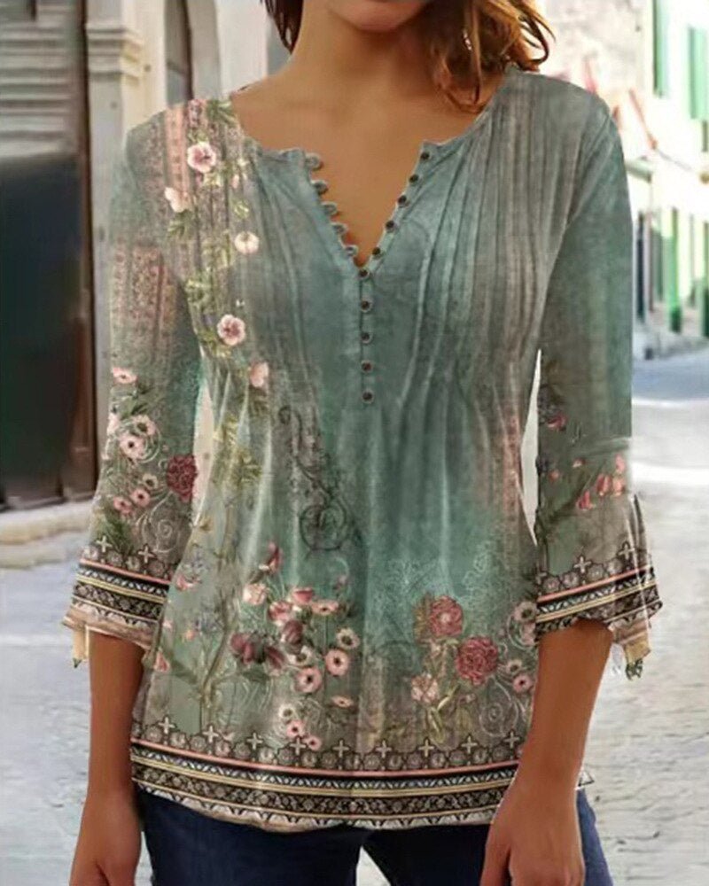 Amelia | Blusa Henley de Manga Larga Floral para Mujer con Corte Relajado