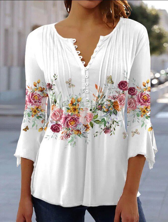Amelia | Blusa Henley de Manga Larga Floral para Mujer con Corte Relajado