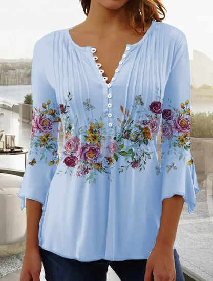 Amelia | Blusa Henley de Manga Larga Floral para Mujer con Corte Relajado