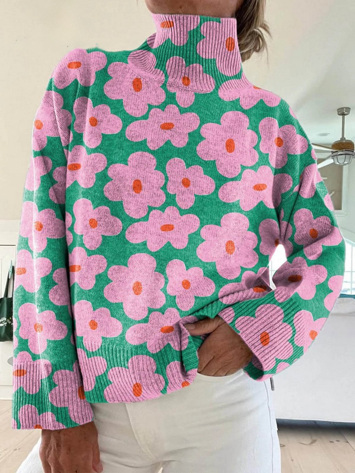 Suéter Floral Multicolor Cómodo para Mujeres con Cuello Alto y Manga Larga, Estilo Relajado y Oversized