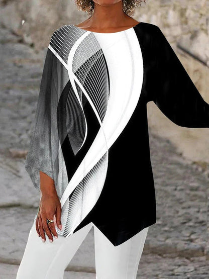 Túnica Geométrica en Blanco y Negro Sin Esfuerzo para Mujeres con Cuello Redondo, Manga Murciélago y Dobladillo Asimétrico, Estilo Casual