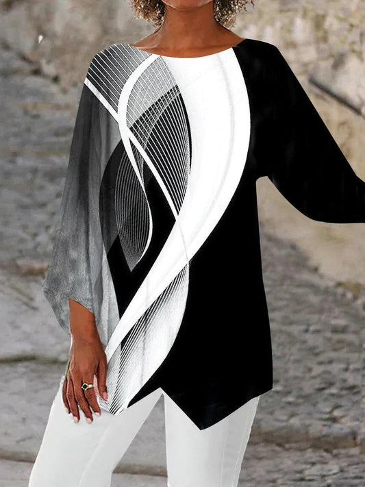 Túnica Geométrica en Blanco y Negro Sin Esfuerzo para Mujeres con Cuello Redondo, Manga Murciélago y Dobladillo Asimétrico, Estilo Casual