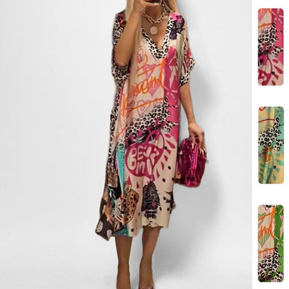 Vestido Kaftán Elegante con Estampado de Leopardo para Mujeres con Cuello en V y Manga Murciélago, Estilo Bohemio Fluyente