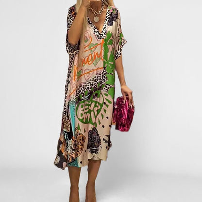 Vestido Kaftán Elegante con Estampado de Leopardo para Mujeres con Cuello en V y Manga Murciélago, Estilo Bohemio Fluyente