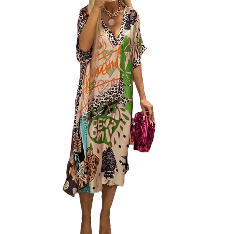 Vestido Kaftán Elegante con Estampado de Leopardo para Mujeres con Cuello en V y Manga Murciélago, Estilo Bohemio Fluyente