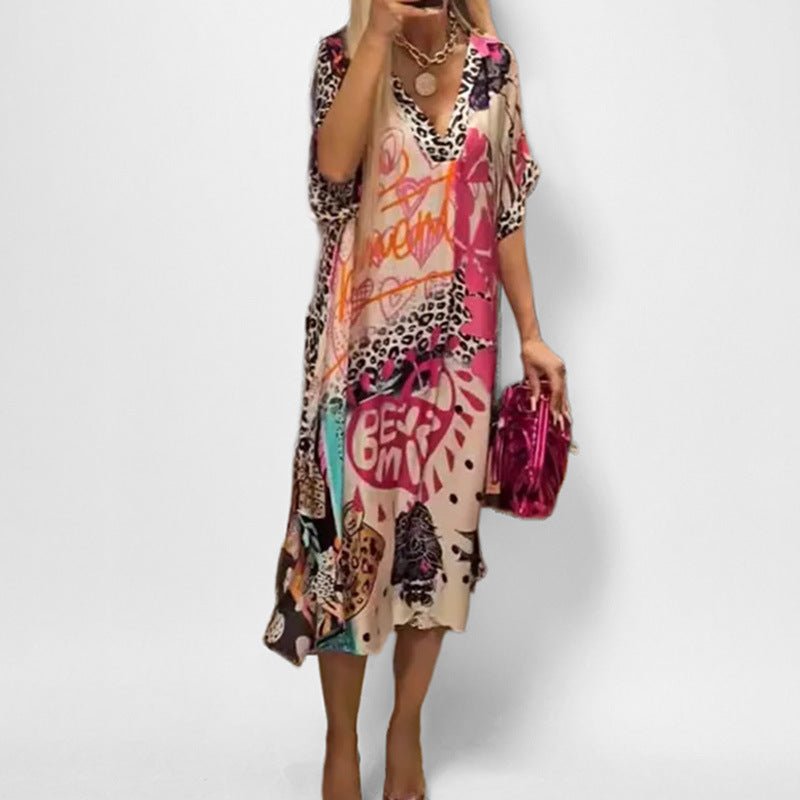 Vestido Kaftán Elegante con Estampado de Leopardo para Mujeres con Cuello en V y Manga Murciélago, Estilo Bohemio Fluyente