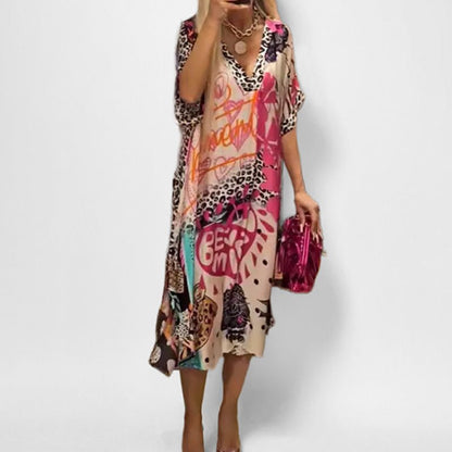 Vestido Kaftán Elegante con Estampado de Leopardo para Mujeres con Cuello en V y Manga Murciélago, Estilo Bohemio Fluyente