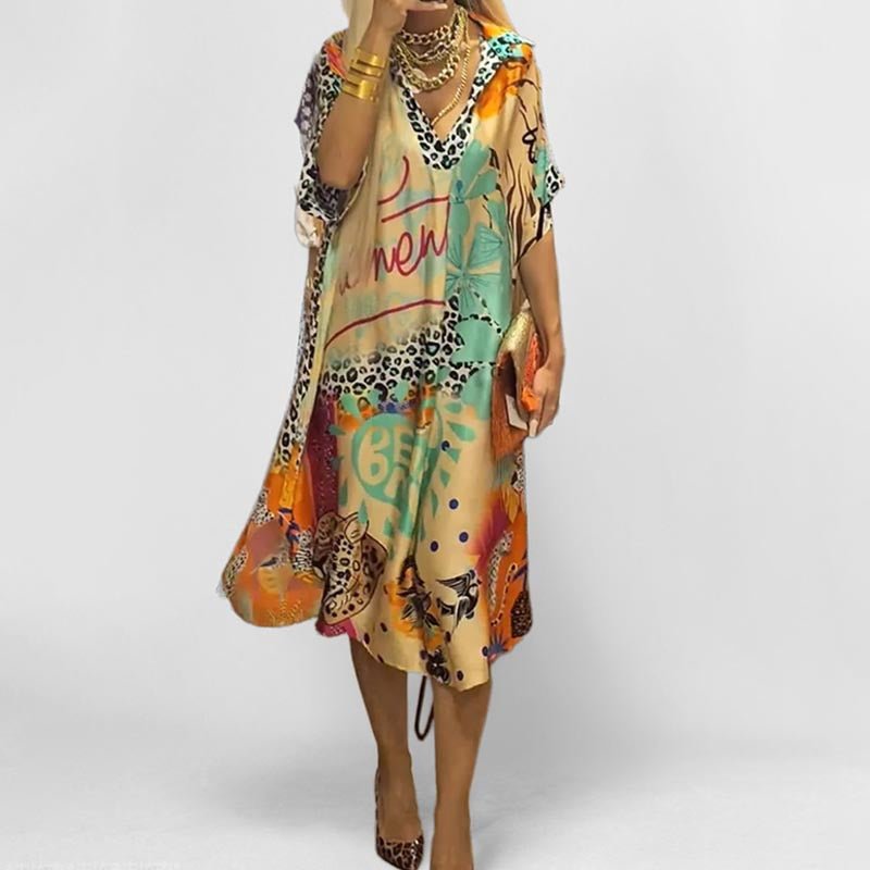 Vestido Kaftán Elegante con Estampado de Leopardo para Mujeres con Cuello en V y Manga Murciélago, Estilo Bohemio Fluyente