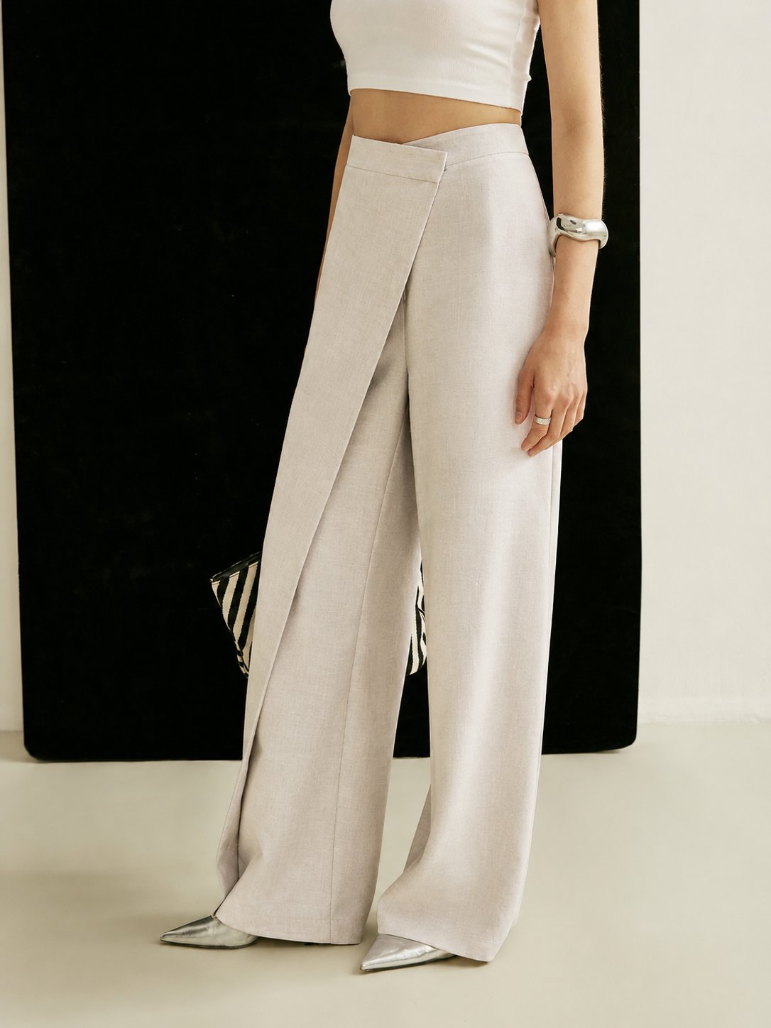 Pantalones de Pierna Ancha con Cintura Alta y Frontal Envolvente sin Esfuerzo para Mujeres