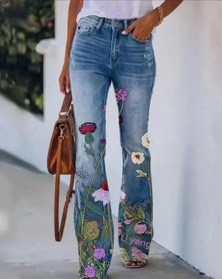 Jeans Florales Sin Esfuerzo para Mujeres con Cintura Alta y Pierna Recta Estilo Casual
