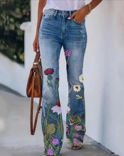 Jeans Florales Sin Esfuerzo para Mujeres con Cintura Alta y Pierna Recta Estilo Casual