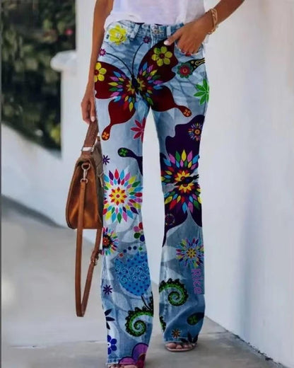 Jeans Florales Sin Esfuerzo para Mujeres con Cintura Alta y Pierna Recta Estilo Casual