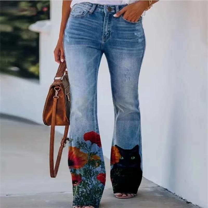 Jeans Florales Sin Esfuerzo para Mujeres con Cintura Alta y Pierna Recta Estilo Casual
