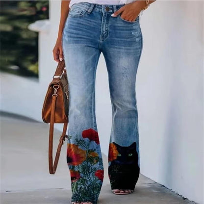 Jeans Florales Sin Esfuerzo para Mujeres con Cintura Alta y Pierna Recta Estilo Casual