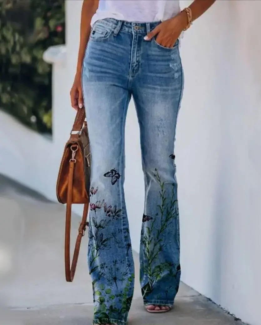 Jeans Florales Sin Esfuerzo para Mujeres con Cintura Alta y Pierna Recta Estilo Casual
