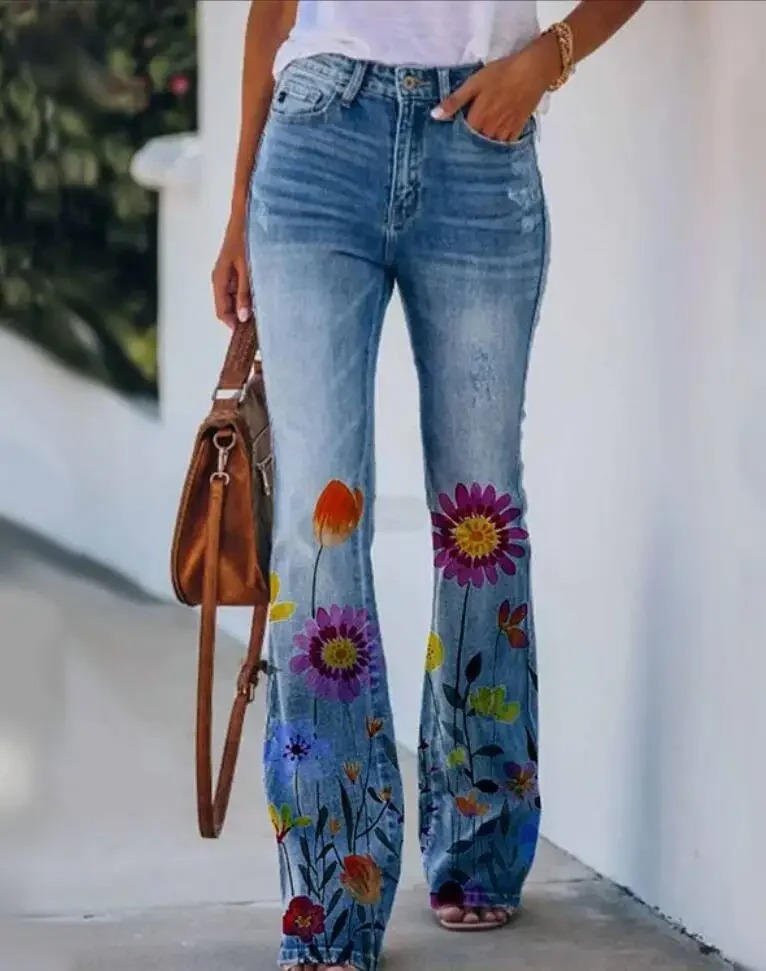 Jeans Florales Sin Esfuerzo para Mujeres con Cintura Alta y Pierna Recta Estilo Casual