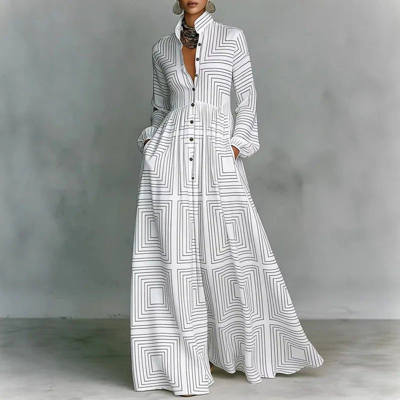 Vestido Maxi Impreso Blanco para Mujeres con Cuello Alto, Manga Larga, Botones Frontales y Cintura Alta Estilo Bohemio