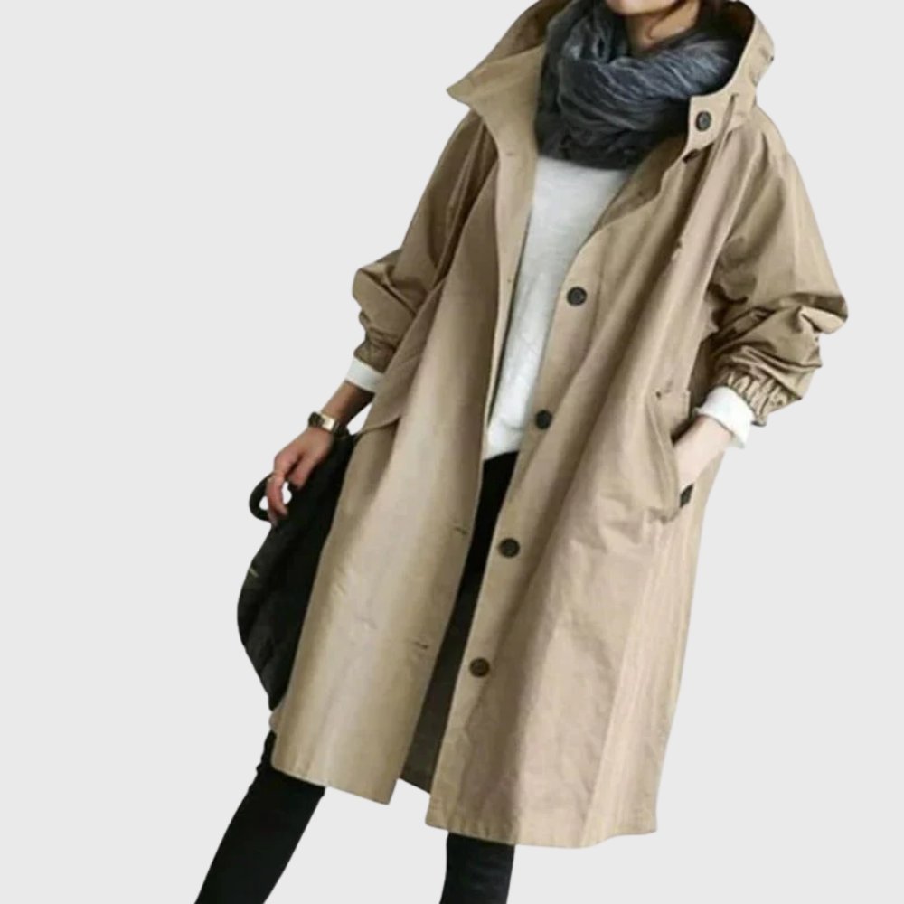Abrigo Trench con Capucha para Mujeres, Estilo Oversized y Cuello Alto de Manga Larga