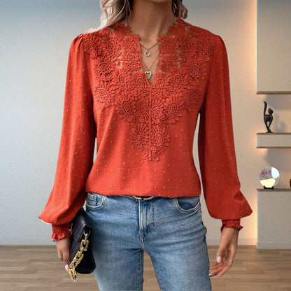 Blusa de Encaje con Puntos Suizos para Mujeres, Estilo Relajado con Cuello en V y Manga Larga con Bordado