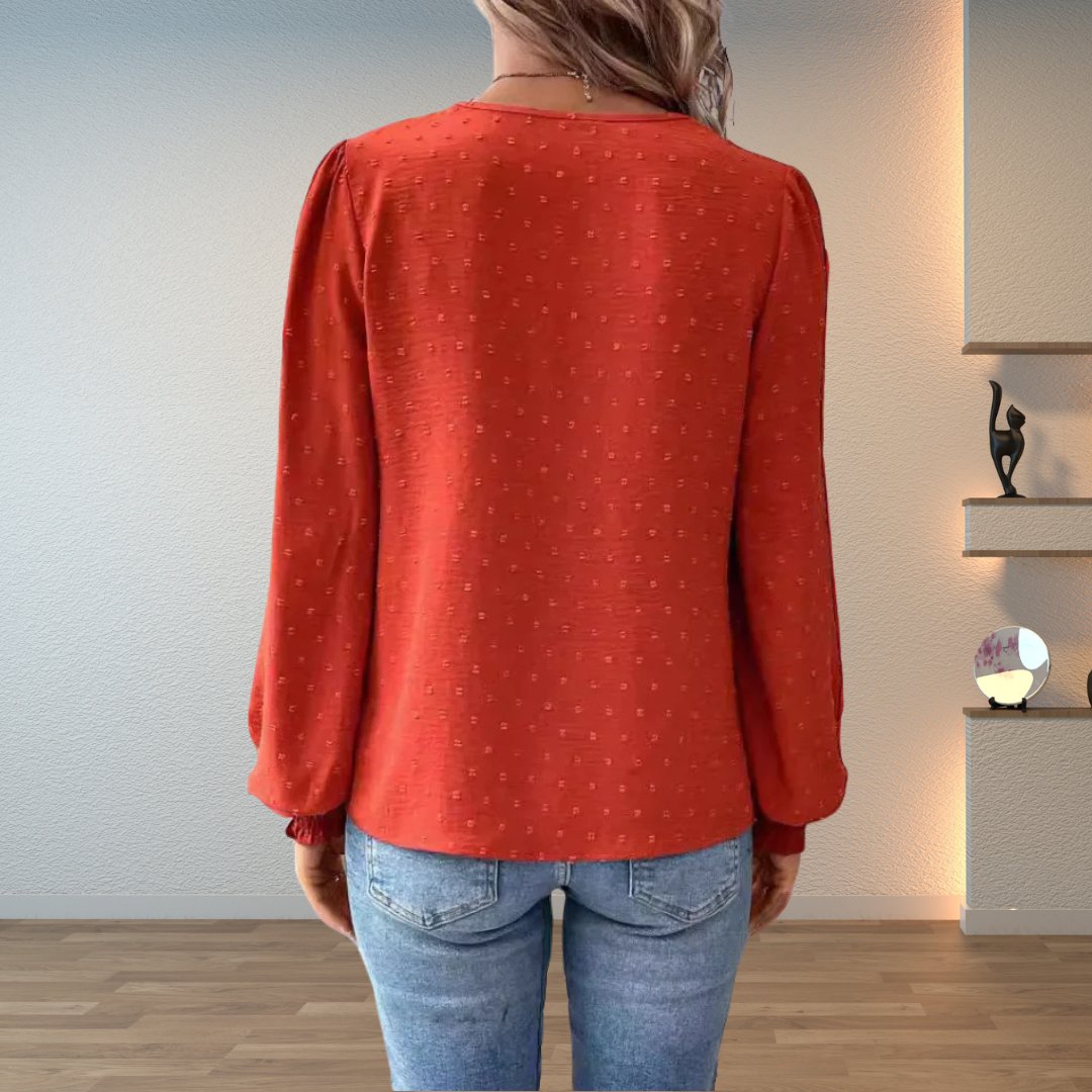 Blusa de Encaje con Puntos Suizos para Mujeres, Estilo Relajado con Cuello en V y Manga Larga con Bordado