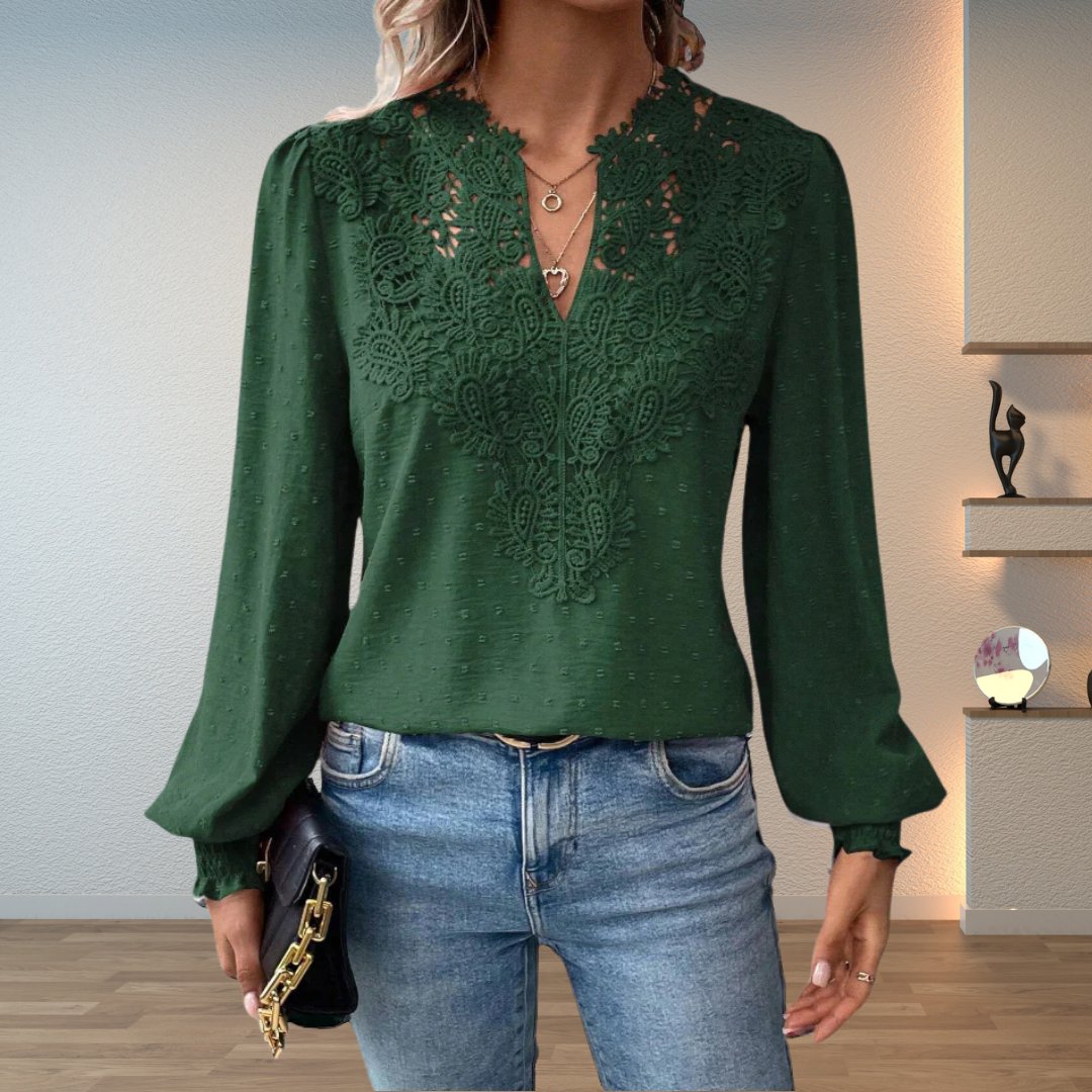 Blusa de Encaje con Puntos Suizos para Mujeres, Estilo Relajado con Cuello en V y Manga Larga con Bordado