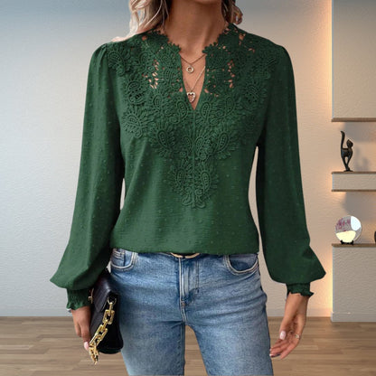 Blusa de Encaje con Puntos Suizos para Mujeres, Estilo Relajado con Cuello en V y Manga Larga con Bordado
