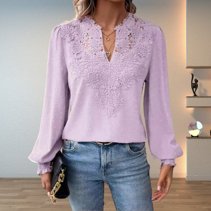 Blusa de Encaje con Puntos Suizos para Mujeres, Estilo Relajado con Cuello en V y Manga Larga con Bordado