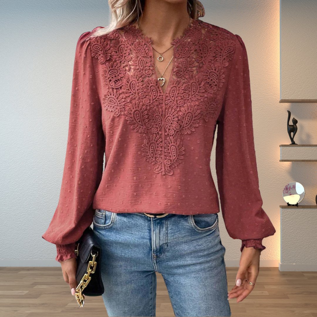 Blusa de Encaje con Puntos Suizos para Mujeres, Estilo Relajado con Cuello en V y Manga Larga con Bordado
