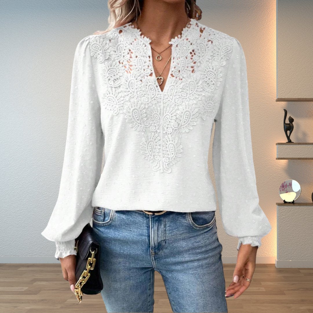 Blusa de Encaje con Puntos Suizos para Mujeres, Estilo Relajado con Cuello en V y Manga Larga con Bordado