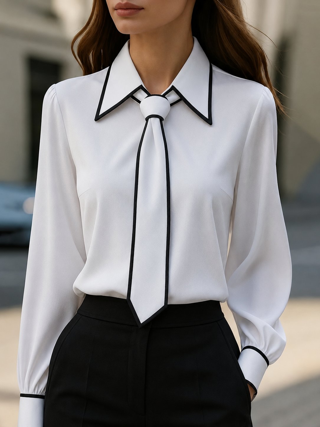 Blusa Elegante con Detalle de Contraste para Mujeres con Cuello Laço, Manga Larga y Puños con Botón Estilo Sedoso
