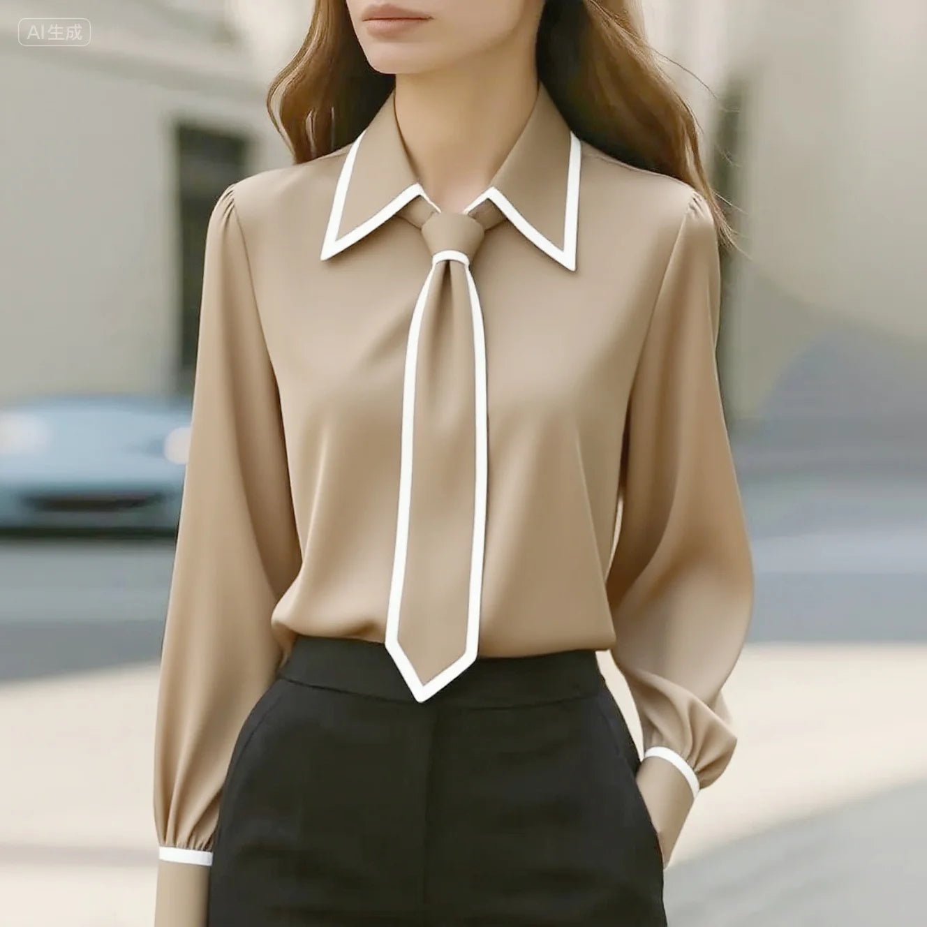 Blusa Elegante con Detalle de Contraste para Mujeres con Cuello Laço, Manga Larga y Puños con Botón Estilo Sedoso
