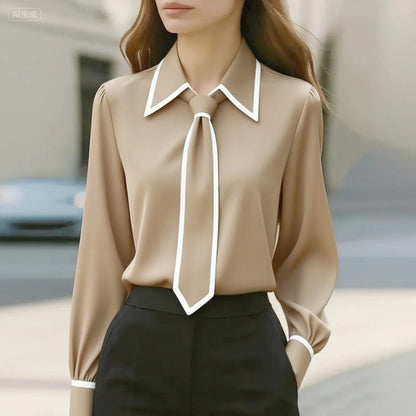 Blusa Elegante con Detalle de Contraste para Mujeres con Cuello Laço, Manga Larga y Puños con Botón Estilo Sedoso