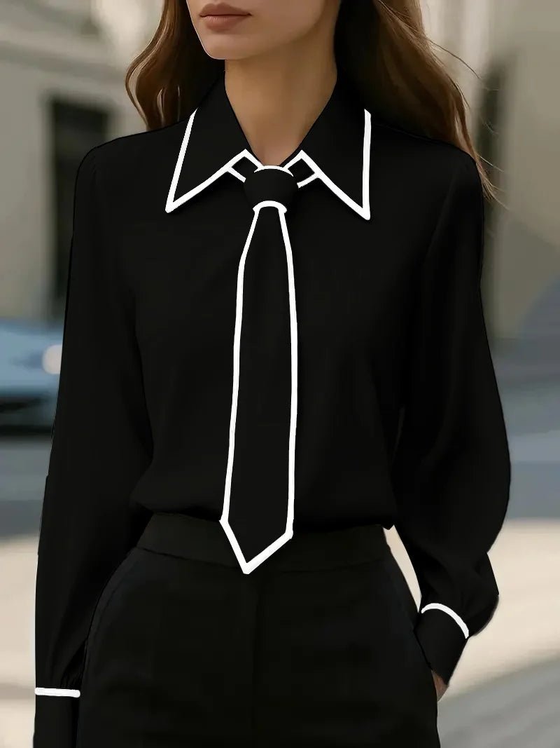 Blusa Elegante con Detalle de Contraste para Mujeres con Cuello Laço, Manga Larga y Puños con Botón Estilo Sedoso