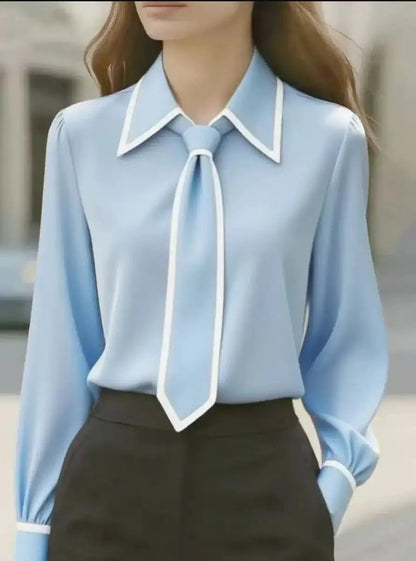 Blusa Elegante con Detalle de Contraste para Mujeres con Cuello Laço, Manga Larga y Puños con Botón Estilo Sedoso
