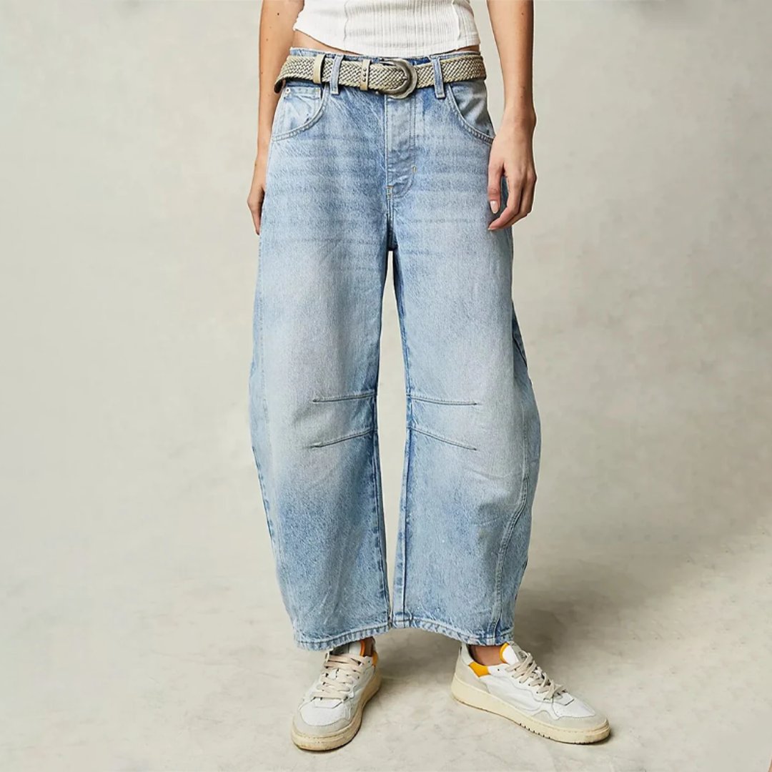 Jeans de Mom Relajados y Sin Esfuerzo para Mujeres en Estilo de Denim con Pierna Barrel Recortada