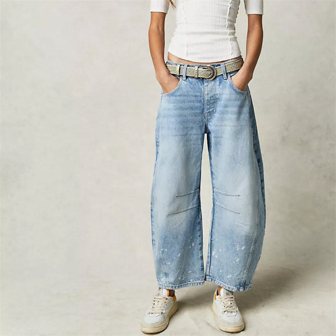 Jeans de Mom Relajados y Sin Esfuerzo para Mujeres en Estilo de Denim con Pierna Barrel Recortada