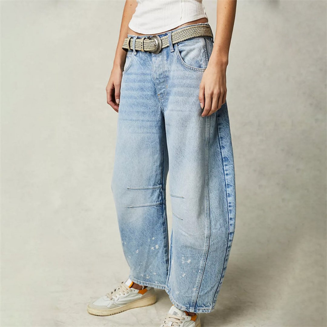 Jeans de Mom Relajados y Sin Esfuerzo para Mujeres en Estilo de Denim con Pierna Barrel Recortada
