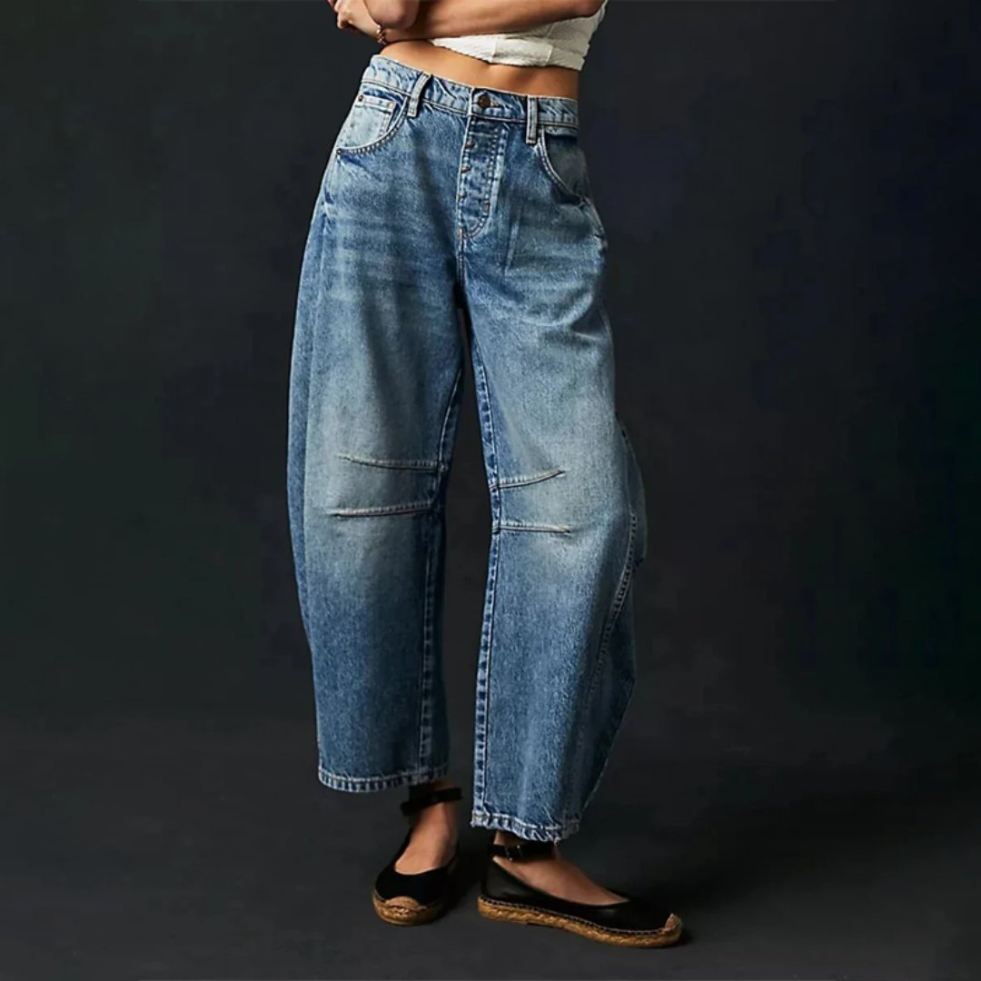 Jeans de Mom Relajados y Sin Esfuerzo para Mujeres en Estilo de Denim con Pierna Barrel Recortada