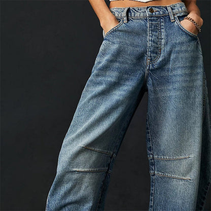 Jeans de Mom Relajados y Sin Esfuerzo para Mujeres en Estilo de Denim con Pierna Barrel Recortada