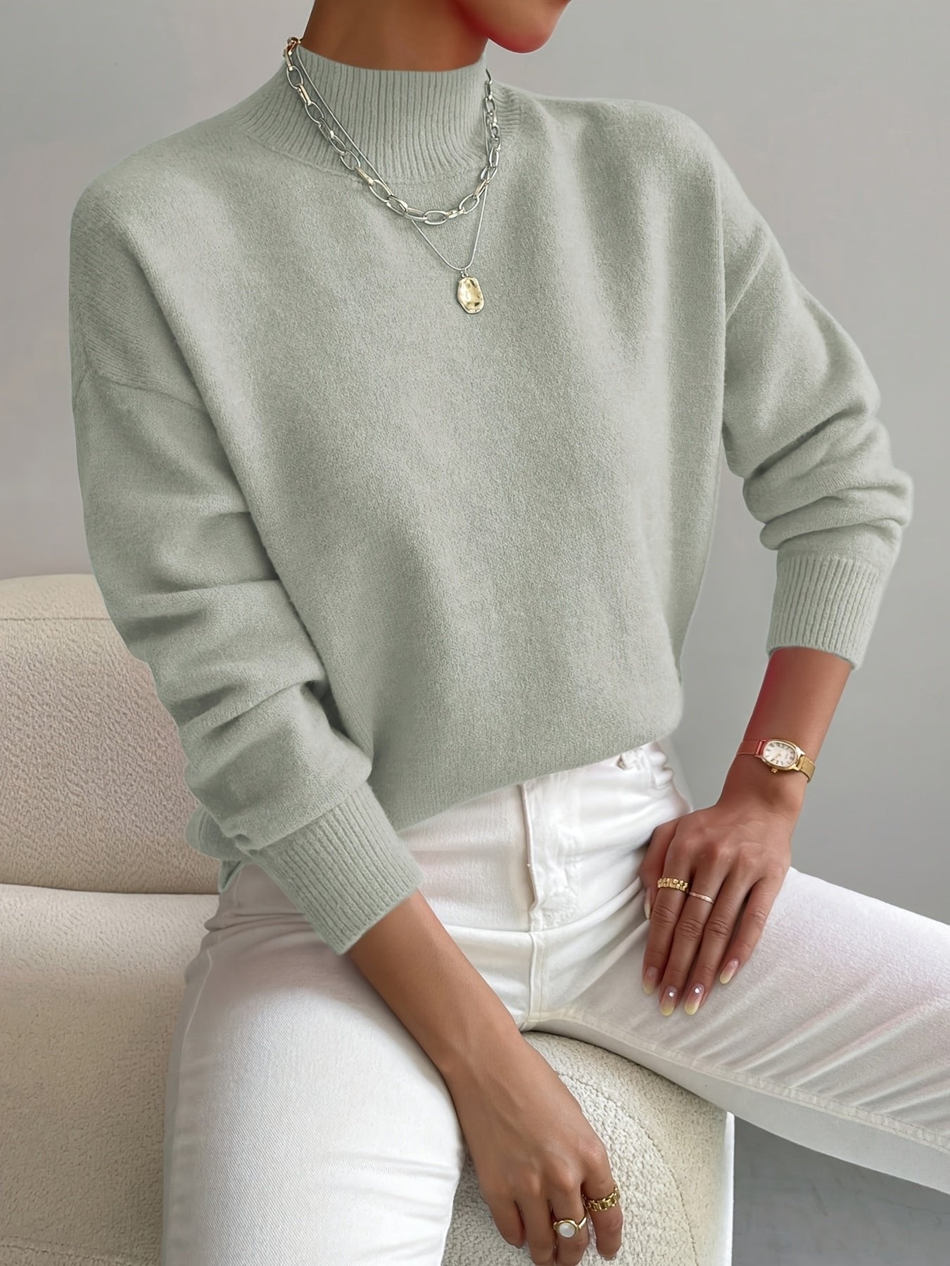 Suéter Cómodo de Cuello Alto para Mujeres con Manga Larga y Estilo Oversized Relajado
