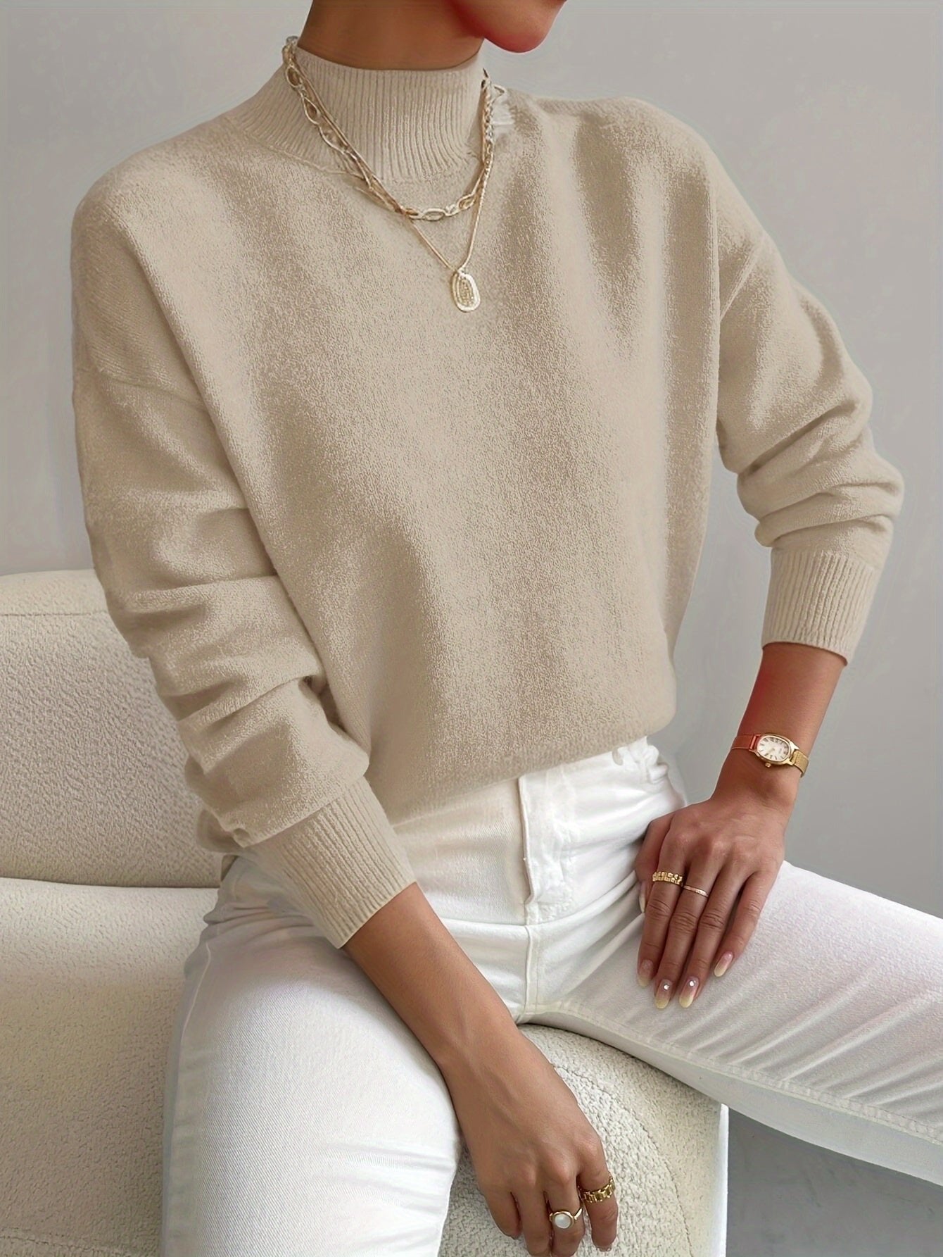 Suéter Cómodo de Cuello Alto para Mujeres con Manga Larga y Estilo Oversized Relajado