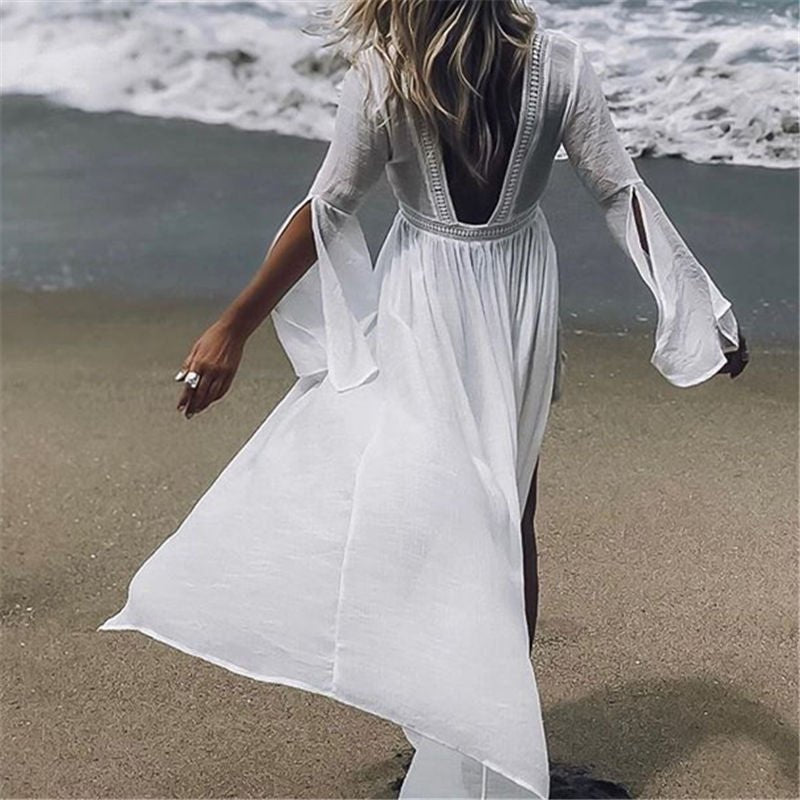 Vestido Maxi Cubresol Blanco Sin Esfuerzo para Mujeres con Escote en V, Mangas de Campana y Frontal Abierto en Estilo Bohemio