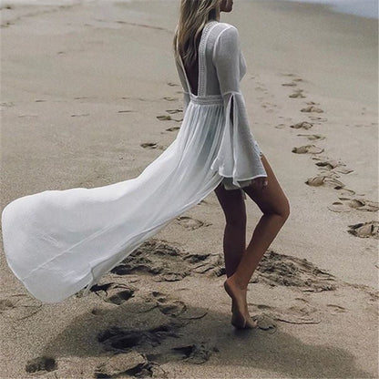 Vestido Maxi Cubresol Blanco Sin Esfuerzo para Mujeres con Escote en V, Mangas de Campana y Frontal Abierto en Estilo Bohemio